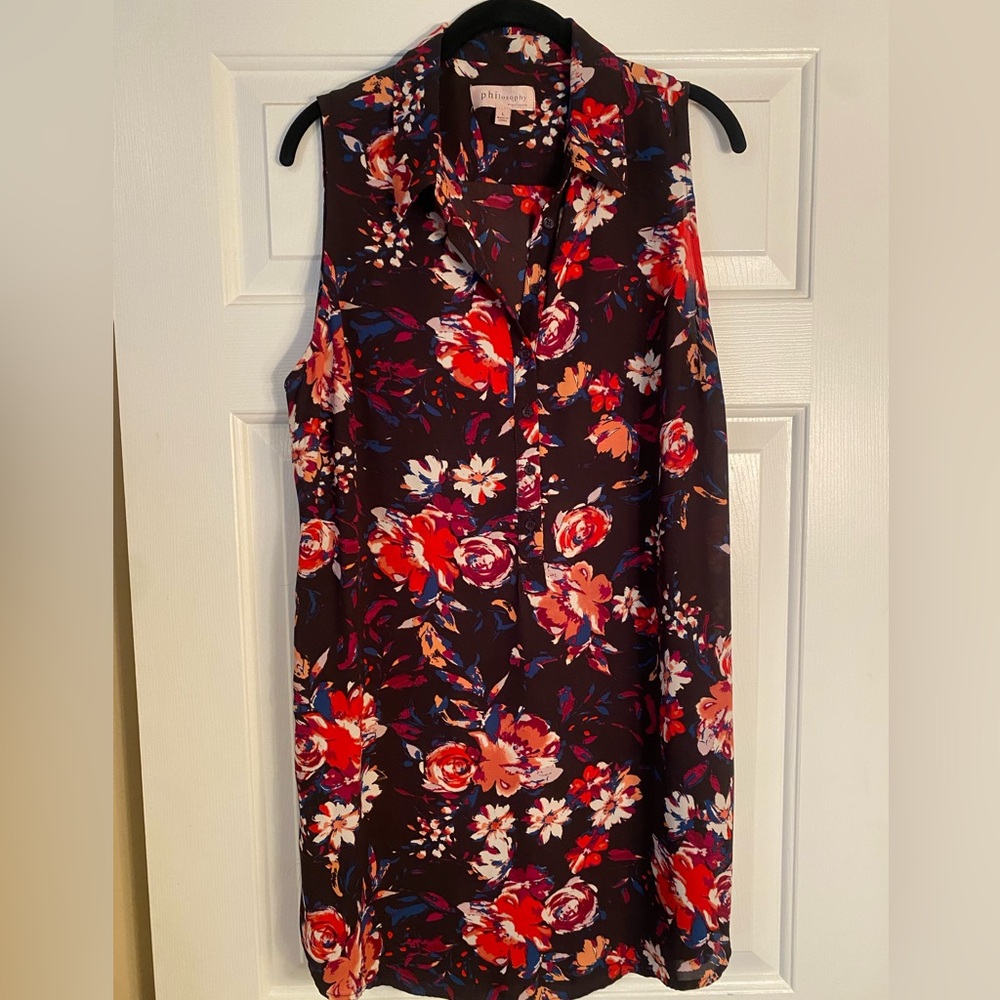 Philosophy Blackish/Purple Button Down Shirtdress with Floral size L sleeveless